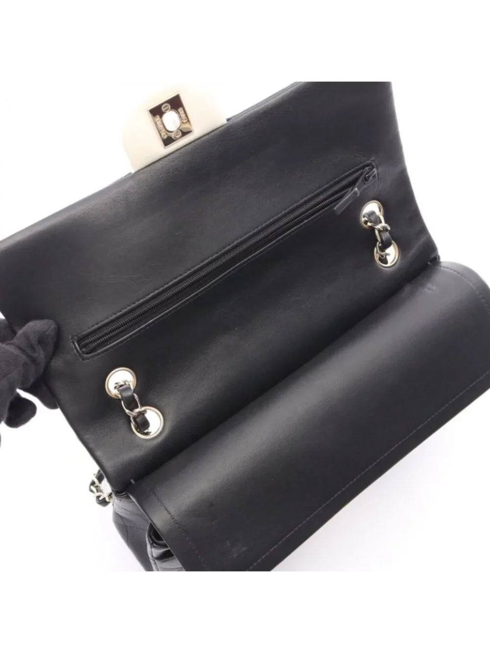 Chanel Shoulder Bag Quilted Double Flap Black White Lambskin Bicolor Chain